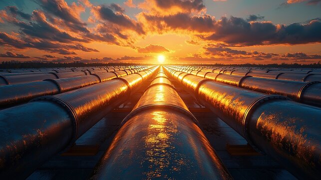 Many parallel industrial pipes reflect the beautiful sunset sunlight