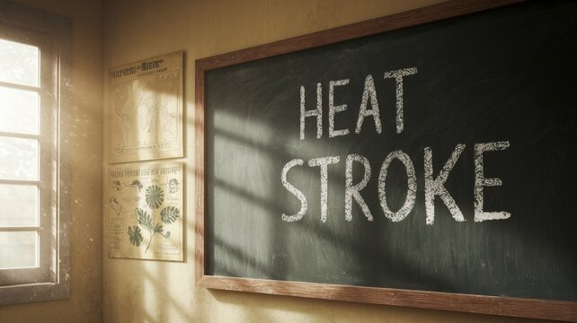 Classroom Chalkboard Displaying Heat Stroke Warning in Natural Light