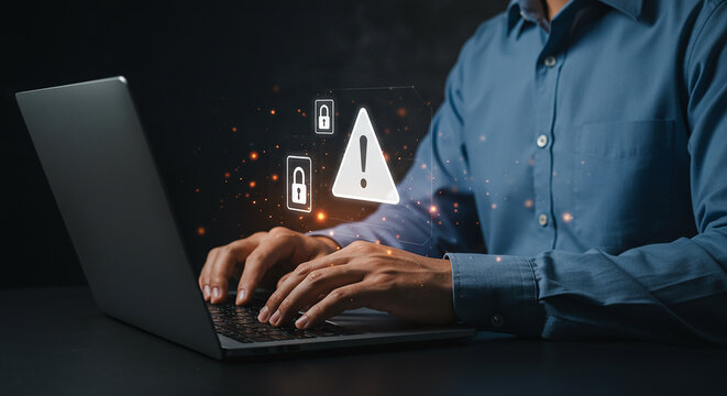 User working on laptop with glowing alert icons and battery warning, transparent background, digital device status monitoring and security alert concept in business environment