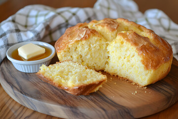 Delicious golden cornbread loaf with a slice on a wood cutting board, served with butter and honey. Perfect breakfast.