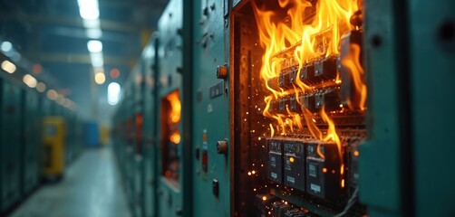 Industrial electrical panel fire. Flames, sparks erupt from damaged equipment in manufacturing facility. Danger hazard, short circuit causes malfunction. Electricity, energy out of control, emergency.