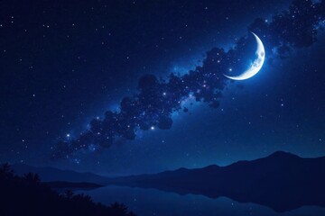 Dark celestial background with scattered stars and a crescent moon, astronomy, universe