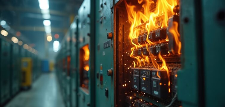 Industrial electrical panel fire. Flames, sparks erupt from damaged equipment in manufacturing facility. Danger hazard, short circuit causes malfunction. Electricity, energy out of control, emergency.