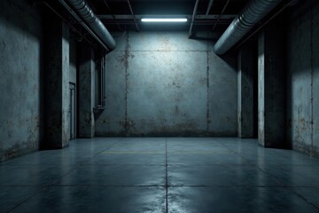 Dark concrete floor with industrial pipes and exposed ducts , abandonment, urban, steel