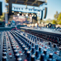 Sound equipment setup at outdoor concert, showcasing mixing console with various knobs and sliders, creating energetic atmosphere