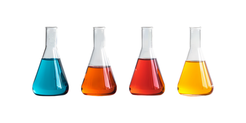 Colorful laboratory flasks with liquid chemicals isolated on transparent background. Science experiment concept. Educational display for National Chemistry Week, Science Fair, laboratory safety day