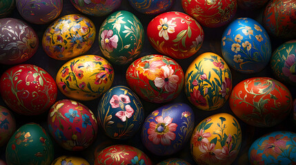 Close-up shot of numerous hand-painted Easter eggs, each adorned with vibrant floral designs and gold accents.  The eggs rest closely together, creating a colorful and festive display.