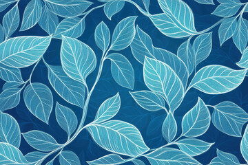Blue leaves background with water droplets, conveying a sense of freshness and tranquility.