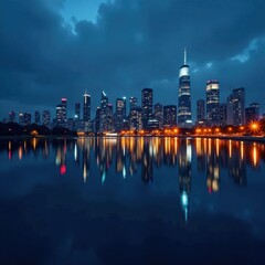 Fototapeta premium Darkened cityscape with twinkling streetlights and skyscrapers reflected in a calm lake, city lights, urban scene