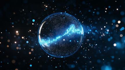 Obraz premium Abstract Data Visualization: A glowing spherical structure encapsulates a dynamic display of interconnected data, conveying complex information in a visually compelling manner.