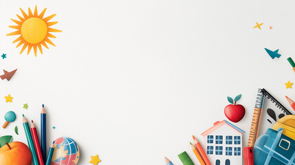 Back to School Composition: An artful composition of school essentials, including colorful pencils, an apple, a globe, a backpack, and a miniature house.