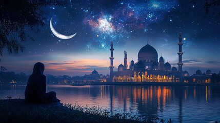 Obraz premium Woman contemplates serene mosque illuminated beside reflecting water at night