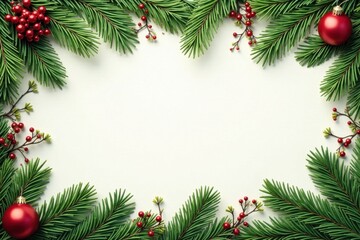 Decorative seamless border with coniferous branches and garland, tree branch, garland