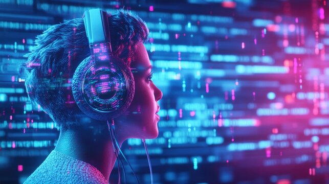A vibrant profile silhouette of a person with headphones set against a mesmerizing backdrop of flowing binary code in bright pink and blue colors.