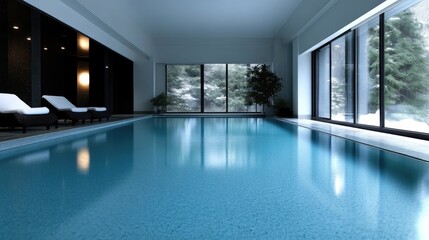 Indoor pool with lounge area overlooking snowy landscape