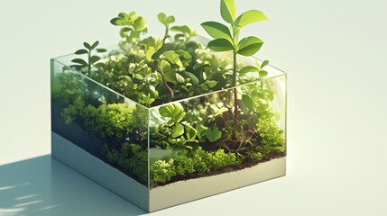 A close-up view of a terrarium showcasing a diverse mix of green plants and moss inside a transparent glass container, promoting harmony and a connection with nature.