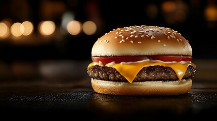 Delicious Classic Cheeseburger with Juicy Melting Cheese, Positioned on the Right Side with a Blurred Background for Adding Text or Promotional Content