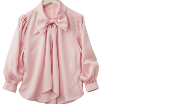 Pink blouse with bow hanging on hanger on transparent background