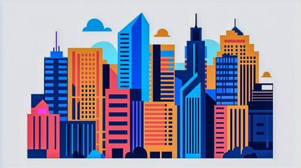A vibrant, stylized city skyline featuring various skyscrapers in bright colors against a light background.
