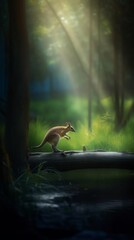 Obraz premium Agile Wallaby bounding effortlessly over fallen log dense riparian forest movement frozen mid air powerful leg extended background consists of lush green vegetation softly blurred create depth