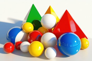 Colorful Geometric Shapes and Balls on White Background