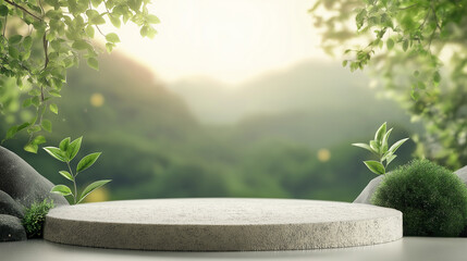 Nature's Showcase: A stone display platform nestled within a serene landscape, with soft sunlight and a natural backdrop. 