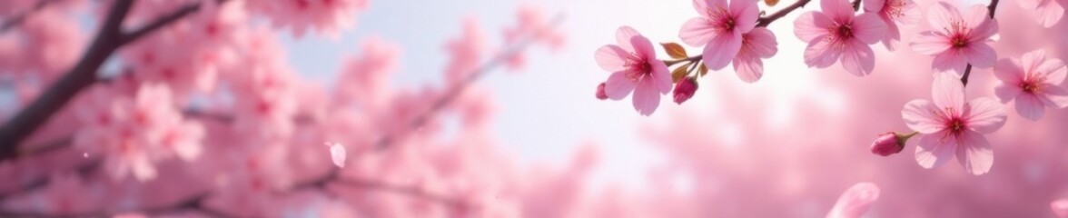 Fototapeta premium Delicate pink sakura petals fall from blooming trees against a soft focus sky, scenery, sakura, cherry blossoms