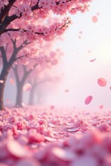 Delicate pink sakura petals fall in a dreamy, ethereal atmosphere with a subtle gradient sky and a few scattered cherry blossom trees, blooming flowers , soft focus, blossoms
