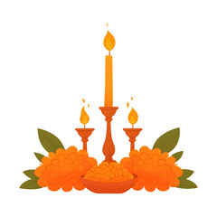 Orange marigold flowers and candles for Diwali or Day of the Dead celebration. Traditional Hindu and Mexican holiday decor isolated on transparent background. Festive home altar concept.