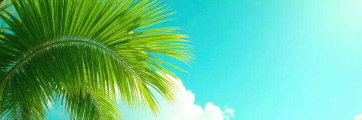 Obraz premium Dense cluster of vibrant green palm fronds against a turquoise sky with wispy clouds, island paradis, cloud formations