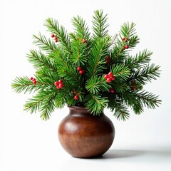 Dense fir branches intertwined with mistletoe and holly in a wooden vase , decoration, christmas, evergreen