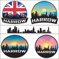 Harrow UK Flag Skyline Cityscape Silhouette Travel Souvenir Sticker Isolated Vector