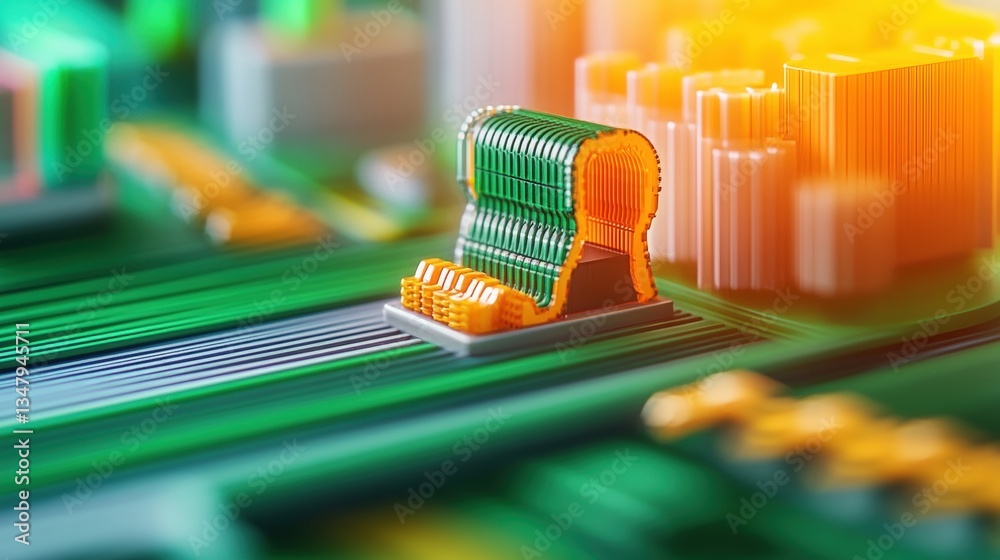 Poster close-up view of a 3d-rendered circuit board featu a unique component with intricate details and vib