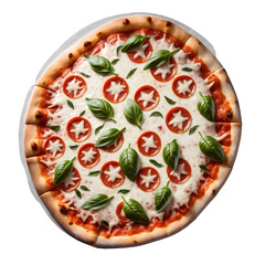 Gourmet pizza topped with fresh green basil leaves on a rustic wooden table ready to be served and savored isolated on transparent background PNG
