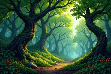 Fototapeta premium Dense forest with twisted tree trunks and overgrown underbrush, foliage, darkness