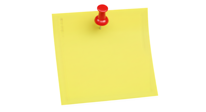 Yellow Sticky Note with Red Push Pin isolated on transparent png background