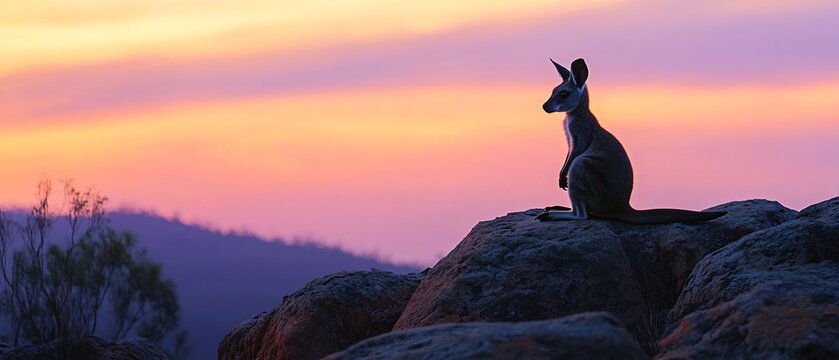 Agile Wallaby captured in a rare moment of stillness atop a rocky outcrop its silhouette framed against a pastel sunset sky The dramatic lighting adds a cinematic feel emphasizing the rugged terrain