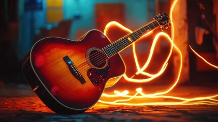 Naklejka premium A long exposure shot of an acoustic guitar with soft, glowing light trails in the background.