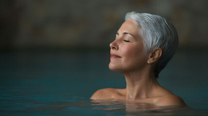 Serene Senior Woman Enjoying Relaxation in a Tranquil Pool Environment with Soft Light