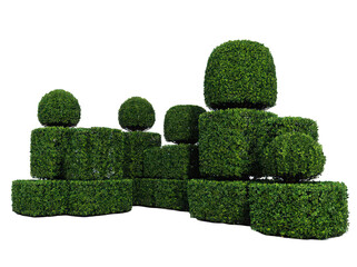 Lush green topiary shapes create an inviting outdoor scene, featuring neatly trimmed shrubs in various geometric forms against a bright backdrop.