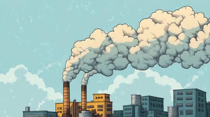 Industrial pollution emission urban cityscape illustration environmental concern aerial view pollution awareness