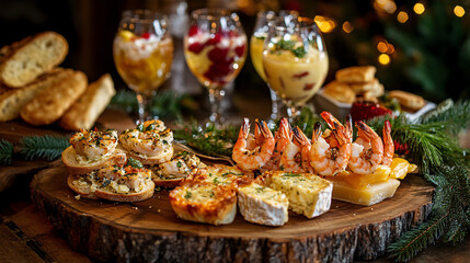 Naklejka premium gourmet appetizers with shrimp and cheese on rustic wooden board