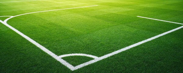 Obraz premium Green football field with white line. Turf grass texture. Sport competition, championship, tournament background. Soccer, football game, arena, stadium. Abstract sport banner, copy space.