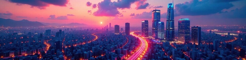 Fototapeta premium Futuristic cityscape at dusk with towering skyscrapers and neon lights, technology, cityscape, futuristic
