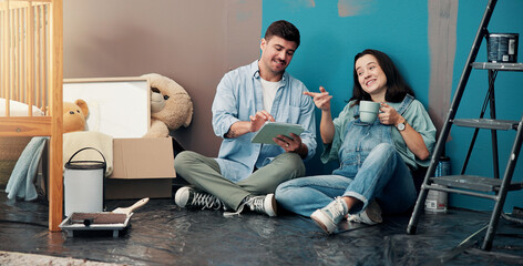 Home renovation, nursery and couple with tablet, conversation and planning for decoration. Digital...