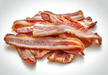 Crispy Bacon Strips Cooked to Perfection on White Background in Close-Up View Ideal for Culinary and Food Photography Use