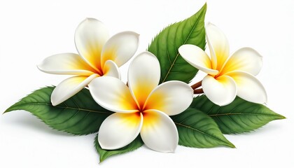 Plumeria flowers, Frangipani, tropical, white, yellow petals. Exotic bloom with green leaves. Perfect for spa, relax, vacation, romantic, greeting cards, invitation, perfume, beauty. Isolated on