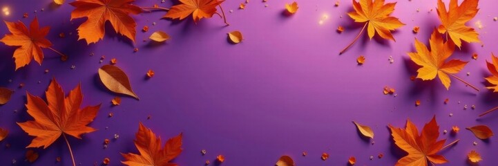Dry orange metallic leaves scattered on a violet background, creating a beautiful abstract pattern , autumn, abstract pattern, dry