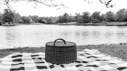 Peaceful Picnic by the Lake: A Serene Black and White Scene