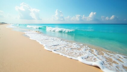 Fototapeta premium Gentle blue waves on a sandy beach, beach landscape, blue waters, wavy pattern